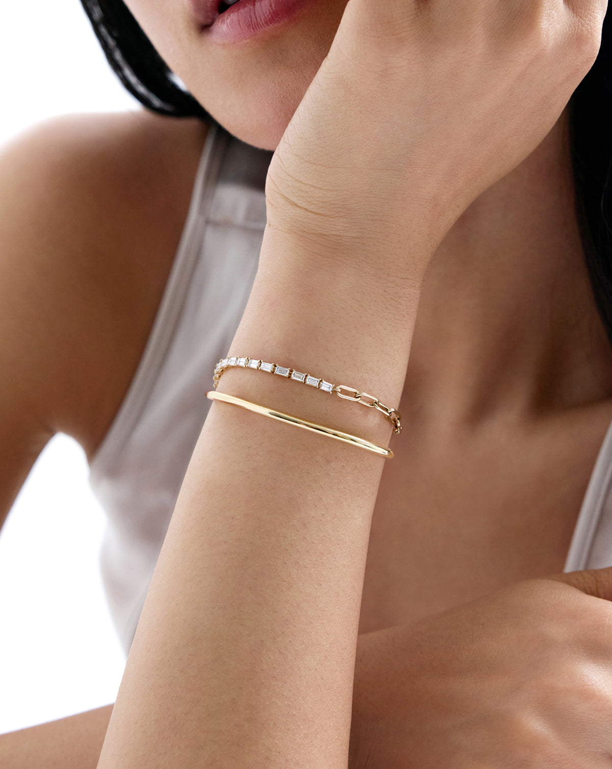 Baguette Tennis Chain Bracelet - Round - White Gold - Lobster