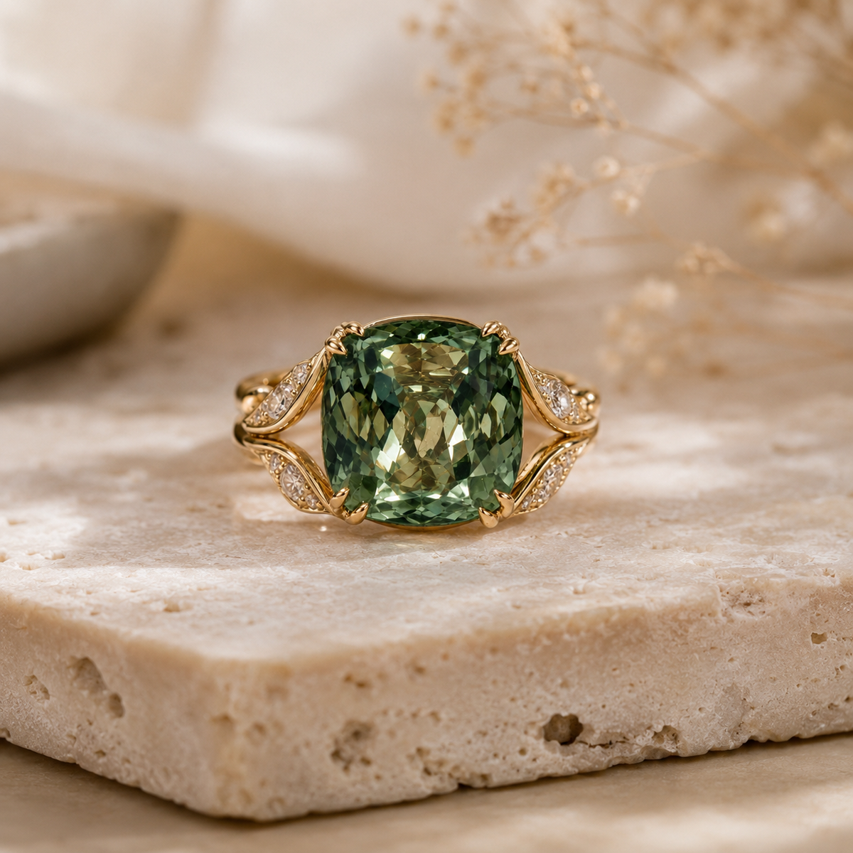 Timeless Cushion Peridot Vintage Ring in 14k Yellow Gold